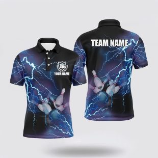 Mens Bowling Custom Blue Lightning Thunder Bowling Team Polo Shirt