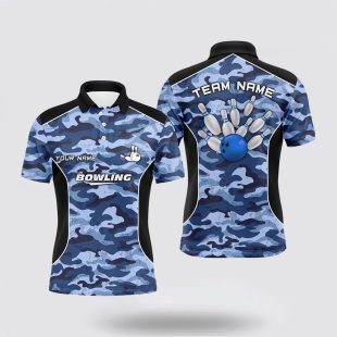 Mens Bowling Custom Bowling Ball And Pins Blue Camo Bowling Team For Men Polo Shirt