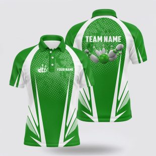 Mens Bowling Custom Bowling Ball And Pins Green And White Team Men Bowlers Polo Shirt