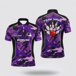 Mens Bowling Custom Bowling Ball And Pins Purple Camo Bowling Team For Men Polo Shirt