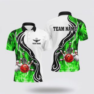 Mens Bowling Custom Bowling Ball Pins Strike Team League , Bowl Gifts Green Polo Shirt