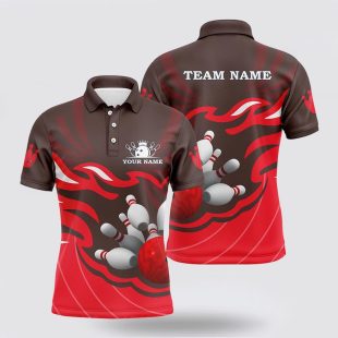 Mens Bowling Custom Bowling Ball Pins Team League , Bowling Gifts Red Polo Shirt