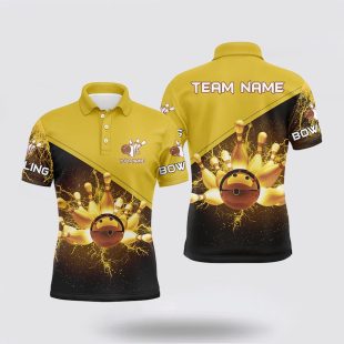 Mens Bowling Custom Gold Lightning Thunder Bowling Team Polo Shirt