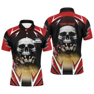 Red And Black Bowling Skull For Men Custom Bowling Ball Pins Team League Polo Shirt