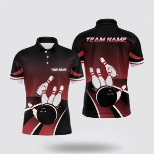 Red And Black Mens Bowling Custom Bowling Ball Pins Team Polo Shirt