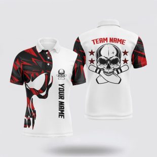 Red And White Bowling For Men Custom Name And Team Name Skull Bowling Polo Shirt