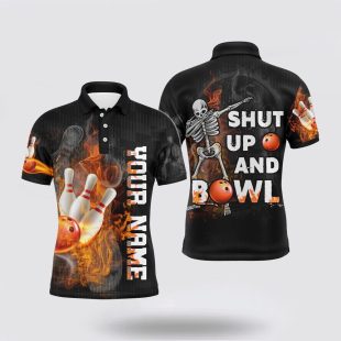 Shut Up And Bowl Funny Bowling Men Flame Skull Bowler Jerse Polo Shirt