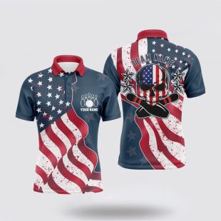 Vintage American Flag Patriotic Skull Bowling For Men Custom Bowling Team Polo Shirt