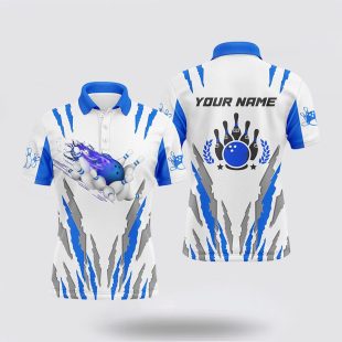 White Bowling Custom Name Flame Bowling Ball And Pins Bowling Blue Polo Shirt